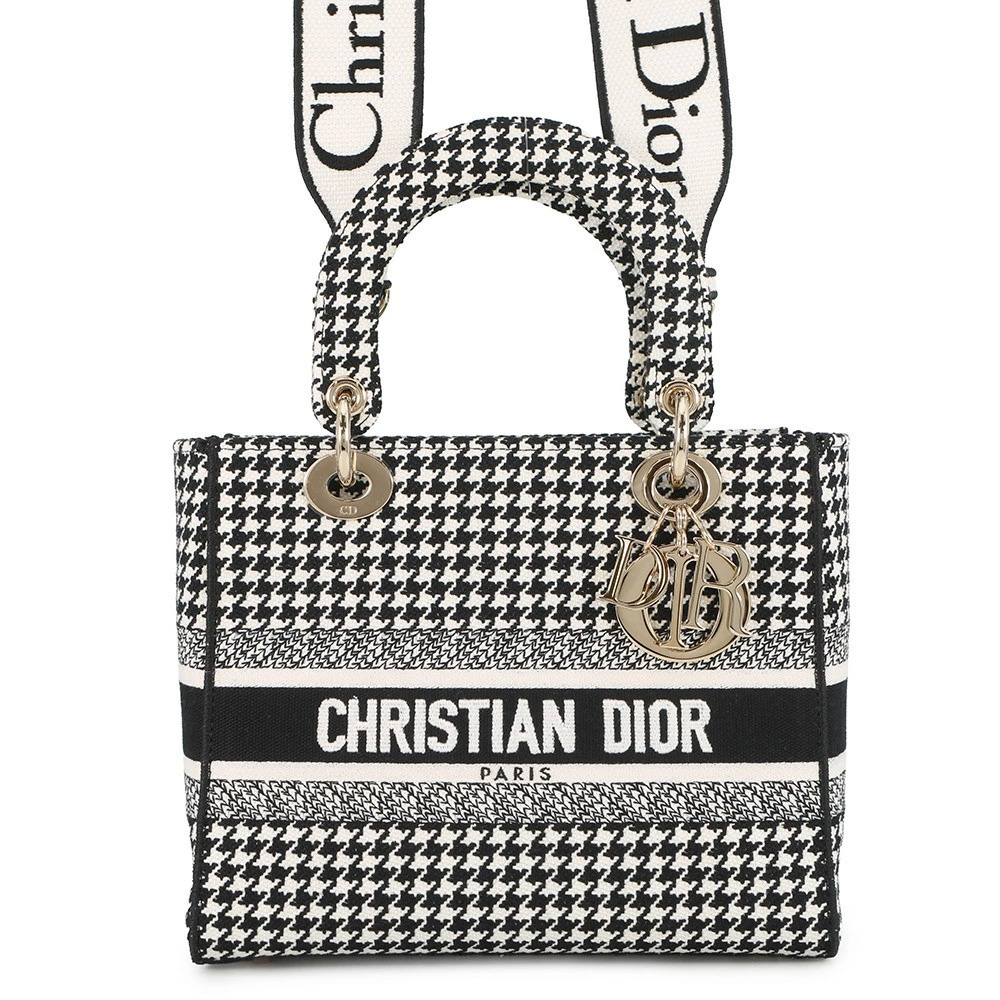 Dior handbag LADY LITE houndstooth canvas white black Christian bag